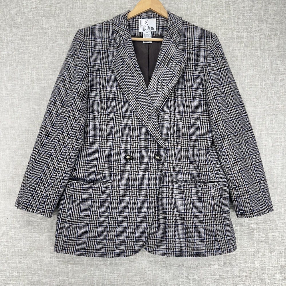 Vintage HBS LTD Blazer Womens 14 Gray Plaid Tweed Wool Blend Double Breasted